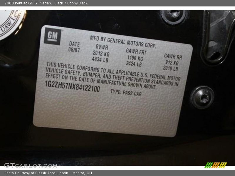Black / Ebony Black 2008 Pontiac G6 GT Sedan