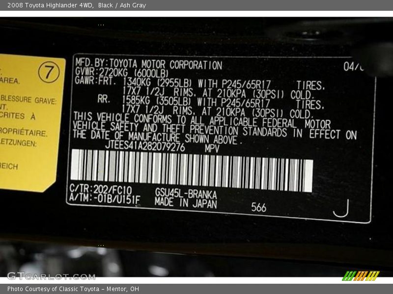 Black / Ash Gray 2008 Toyota Highlander 4WD