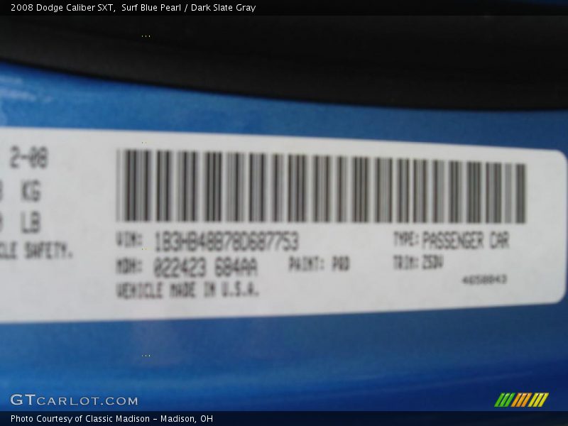 Surf Blue Pearl / Dark Slate Gray 2008 Dodge Caliber SXT