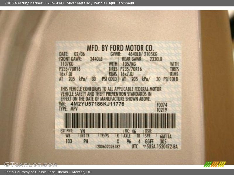 Silver Metallic / Pebble/Light Parchment 2006 Mercury Mariner Luxury 4WD