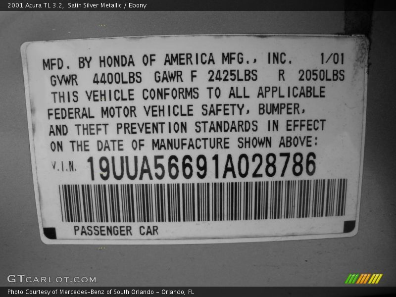 Satin Silver Metallic / Ebony 2001 Acura TL 3.2