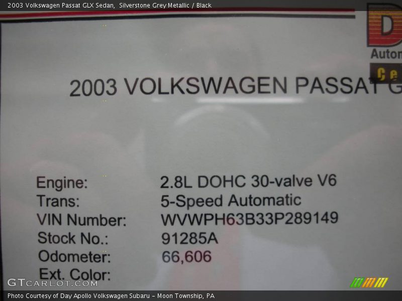 Silverstone Grey Metallic / Black 2003 Volkswagen Passat GLX Sedan