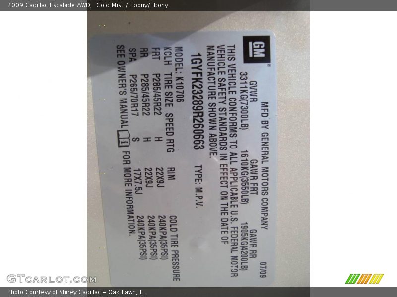 Gold Mist / Ebony/Ebony 2009 Cadillac Escalade AWD