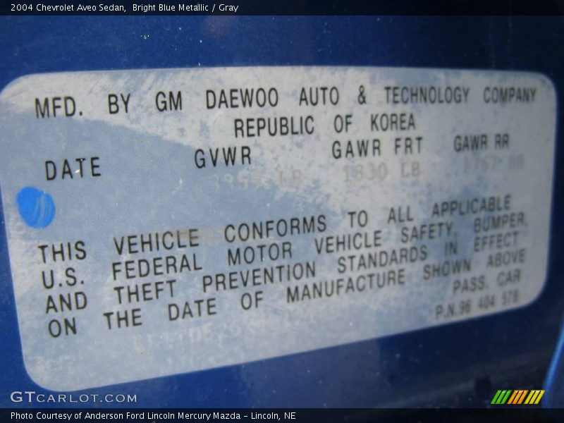 Bright Blue Metallic / Gray 2004 Chevrolet Aveo Sedan