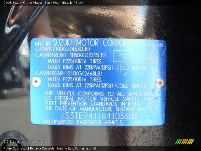 Black Pearl Metallic / Black 2008 Suzuki Grand Vitara