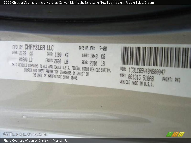Light Sandstone Metallic / Medium Pebble Beige/Cream 2009 Chrysler Sebring Limited Hardtop Convertible