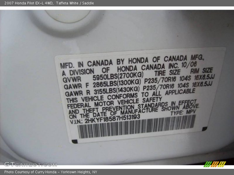 Taffeta White / Saddle 2007 Honda Pilot EX-L 4WD