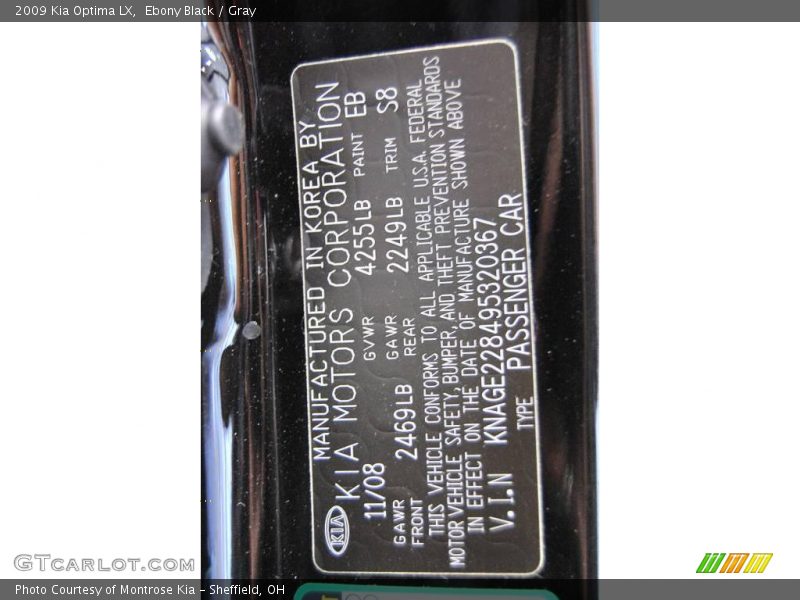 Ebony Black / Gray 2009 Kia Optima LX