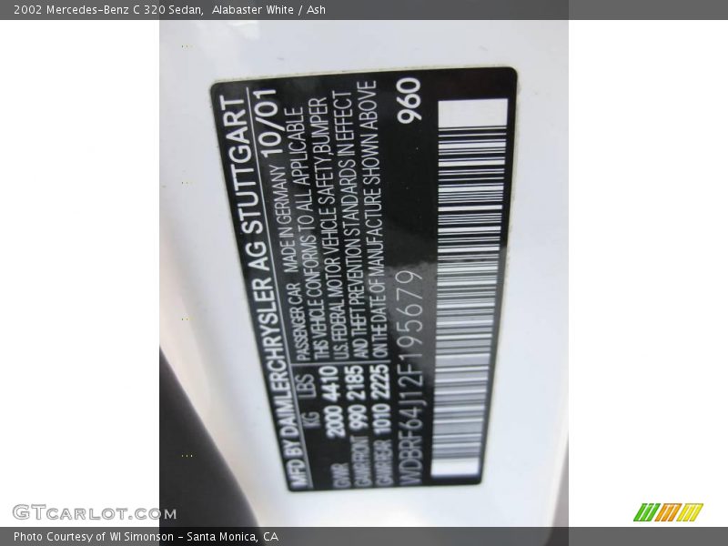 Alabaster White / Ash 2002 Mercedes-Benz C 320 Sedan