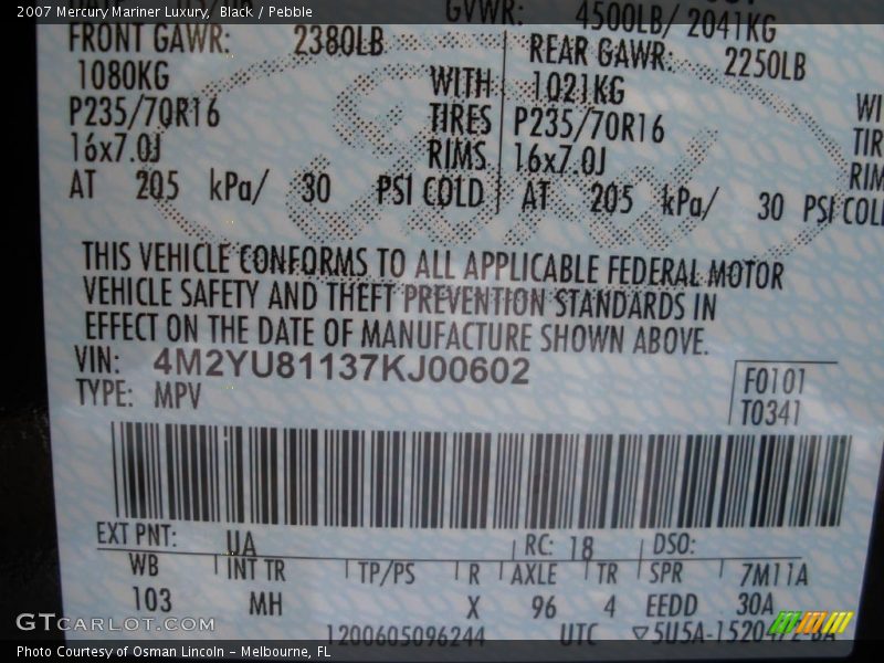Black / Pebble 2007 Mercury Mariner Luxury