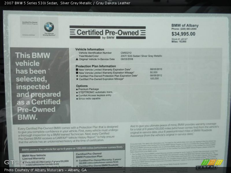 Silver Grey Metallic / Gray Dakota Leather 2007 BMW 5 Series 530i Sedan