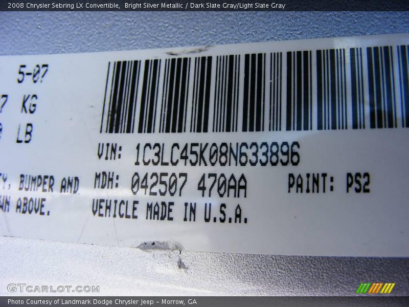 Bright Silver Metallic / Dark Slate Gray/Light Slate Gray 2008 Chrysler Sebring LX Convertible
