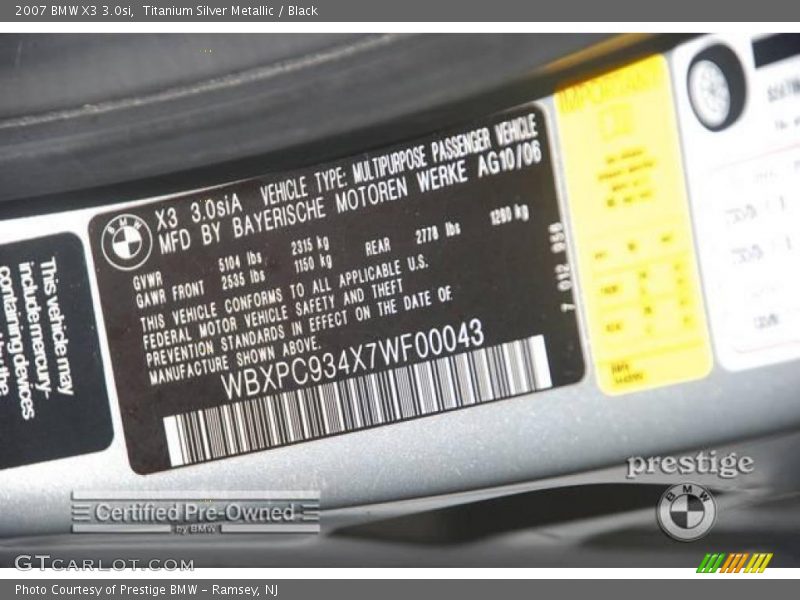Titanium Silver Metallic / Black 2007 BMW X3 3.0si