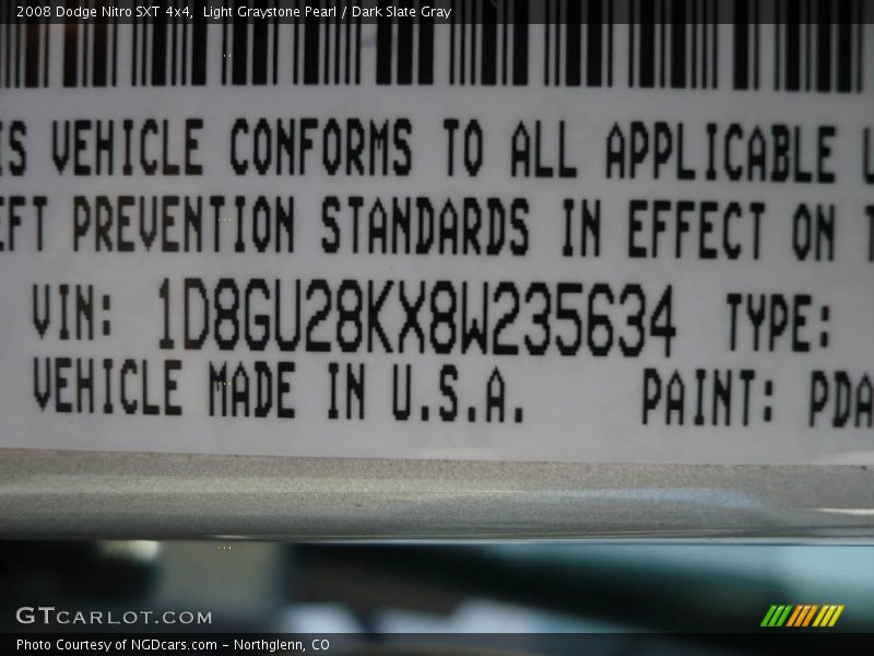 2008 Nitro SXT 4x4 Light Graystone Pearl Color Code PDA