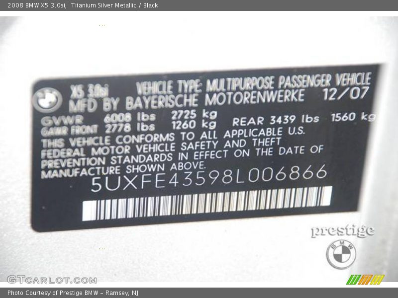 Titanium Silver Metallic / Black 2008 BMW X5 3.0si