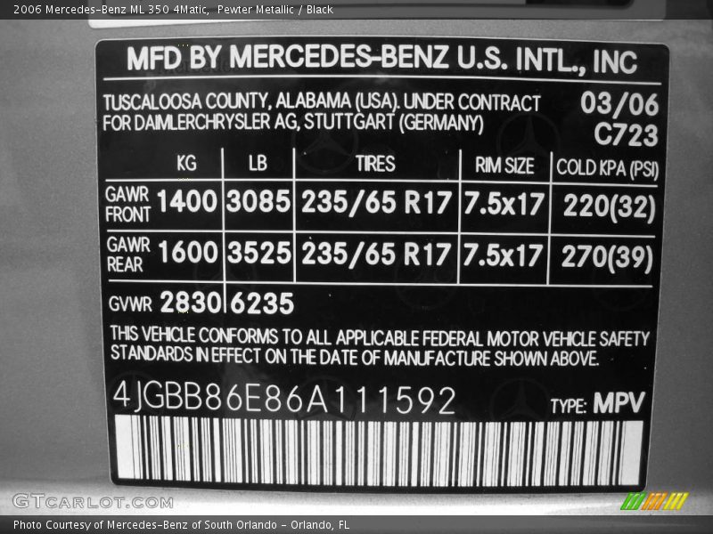 Pewter Metallic / Black 2006 Mercedes-Benz ML 350 4Matic