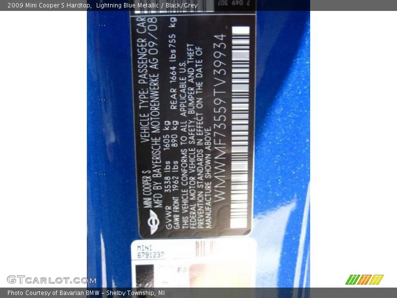 Lightning Blue Metallic / Black/Grey 2009 Mini Cooper S Hardtop