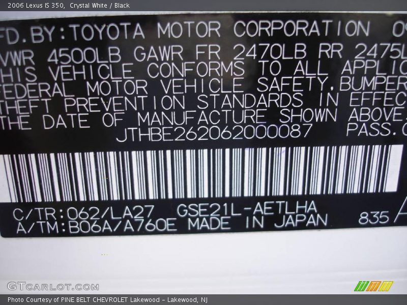 Crystal White / Black 2006 Lexus IS 350