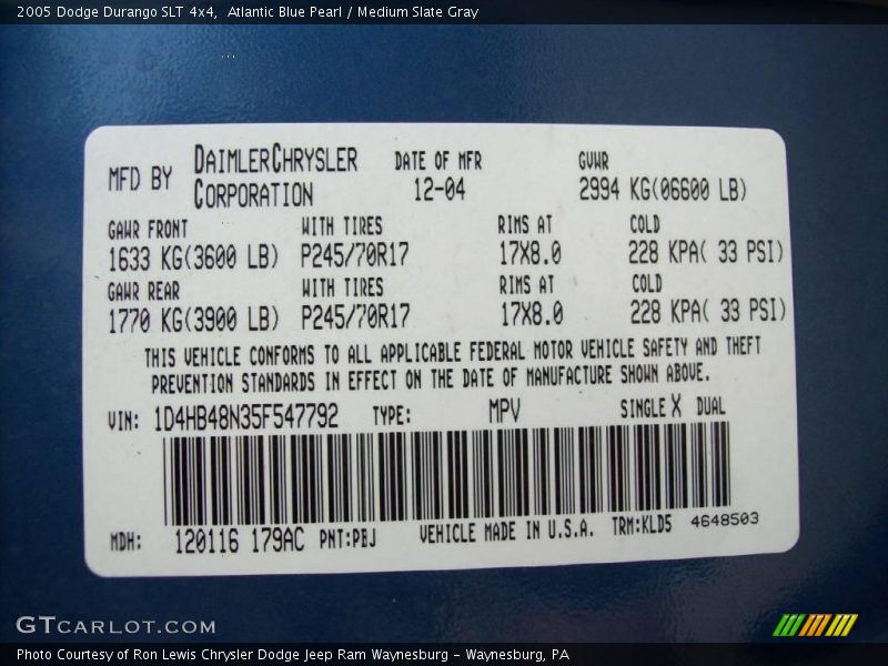 Atlantic Blue Pearl / Medium Slate Gray 2005 Dodge Durango SLT 4x4