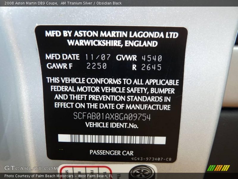 AM Titanium Silver / Obsidian Black 2008 Aston Martin DB9 Coupe