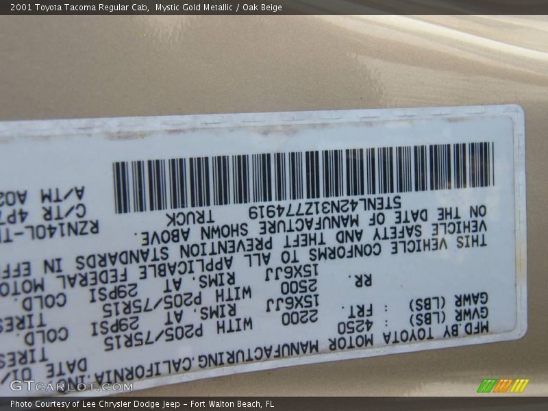 Mystic Gold Metallic / Oak Beige 2001 Toyota Tacoma Regular Cab