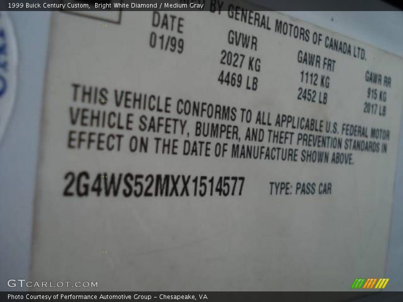 Bright White Diamond / Medium Gray 1999 Buick Century Custom