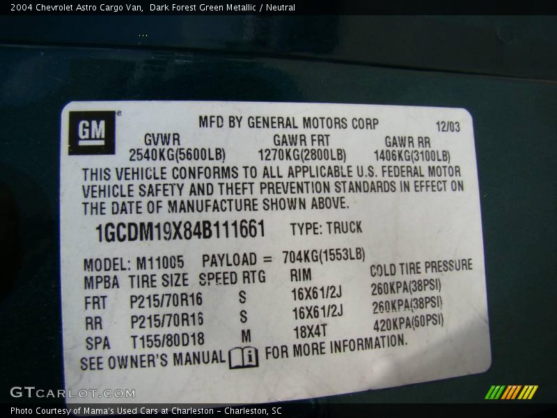 Dark Forest Green Metallic / Neutral 2004 Chevrolet Astro Cargo Van