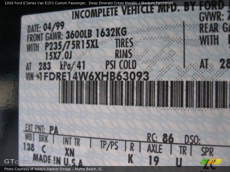 Deep Emerald Green Metallic / Medium Parchment 1999 Ford E Series Van E150 Custom Passenger