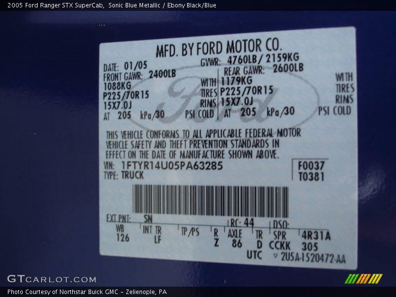 Sonic Blue Metallic / Ebony Black/Blue 2005 Ford Ranger STX SuperCab