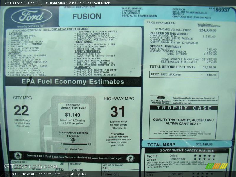 Brilliant Silver Metallic / Charcoal Black 2010 Ford Fusion SEL