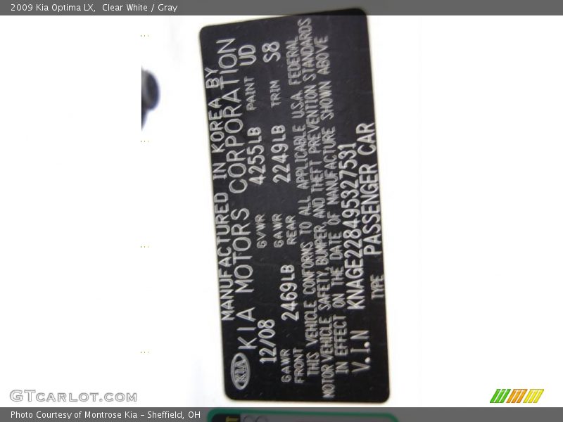 Clear White / Gray 2009 Kia Optima LX