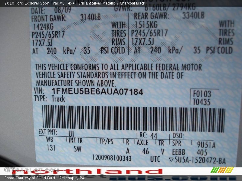 Brilliant Silver Metallic / Charcoal Black 2010 Ford Explorer Sport Trac XLT 4x4