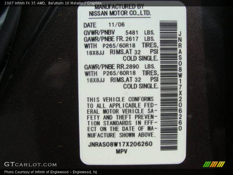 Beryllium 16 Metallic / Graphite 2007 Infiniti FX 35 AWD