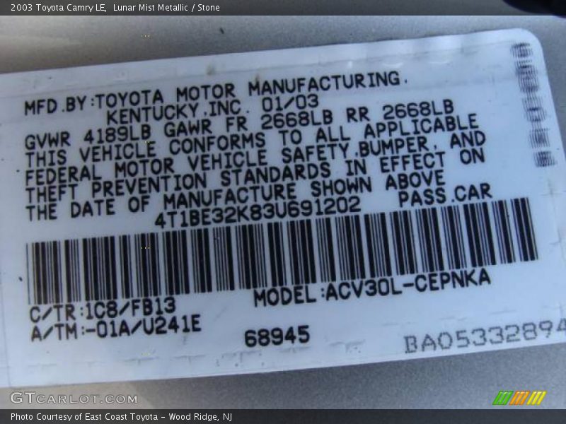 Lunar Mist Metallic / Stone 2003 Toyota Camry LE
