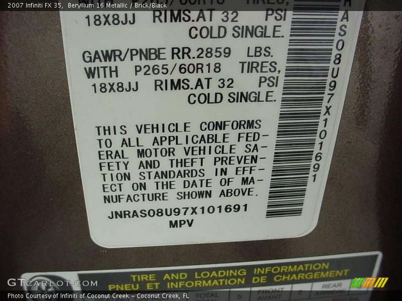 Beryllium 16 Metallic / Brick/Black 2007 Infiniti FX 35