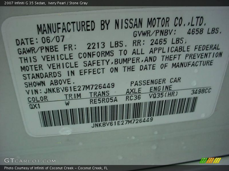 Ivory Pearl / Stone Gray 2007 Infiniti G 35 Sedan