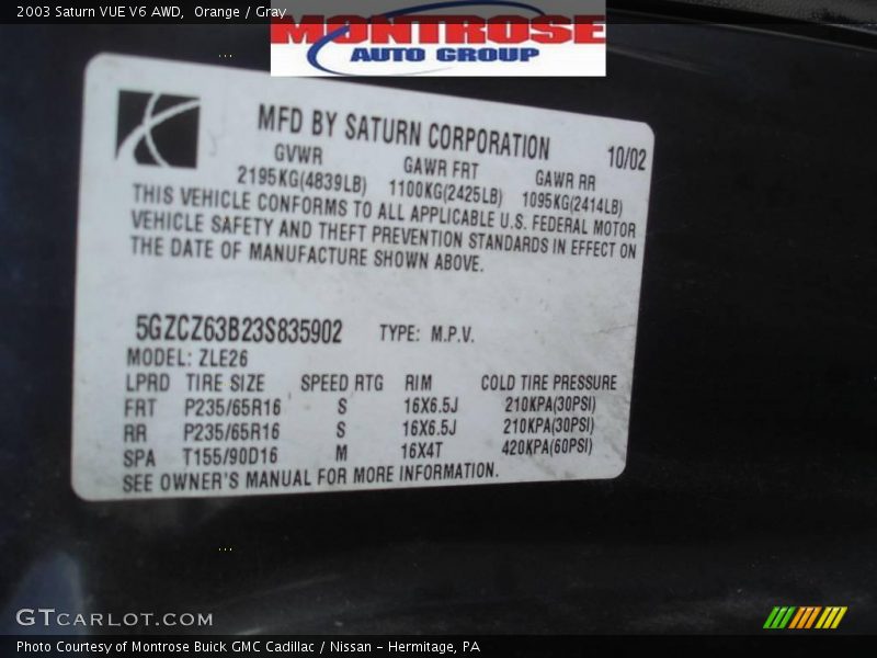Orange / Gray 2003 Saturn VUE V6 AWD