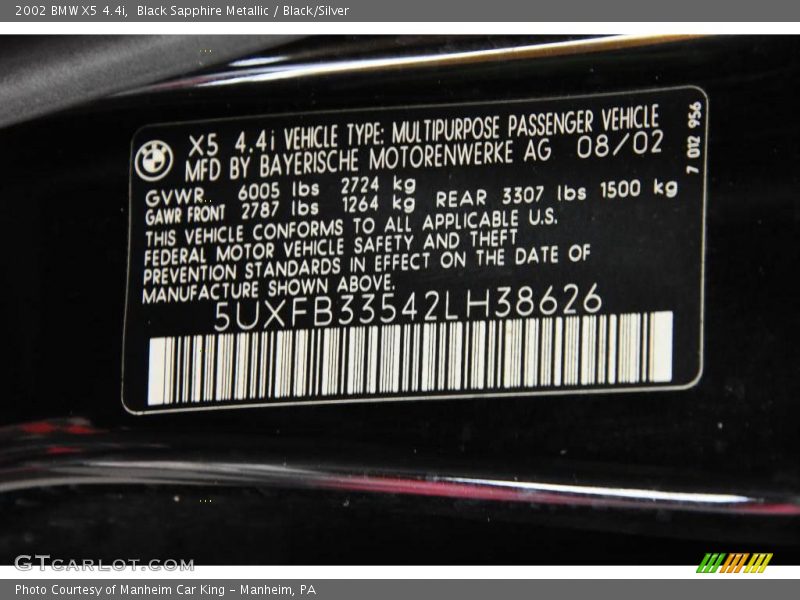 Black Sapphire Metallic / Black/Silver 2002 BMW X5 4.4i