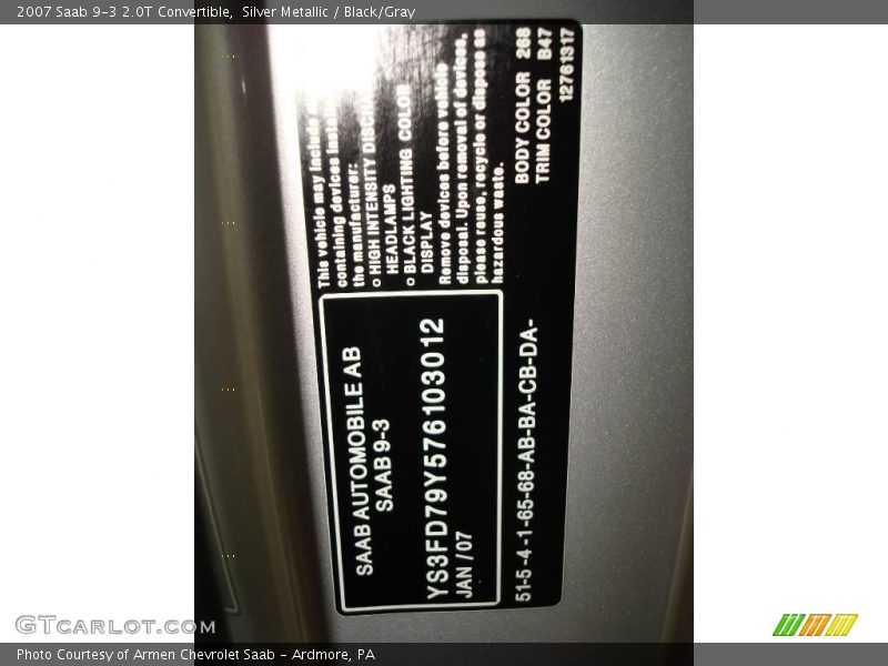 Silver Metallic / Black/Gray 2007 Saab 9-3 2.0T Convertible