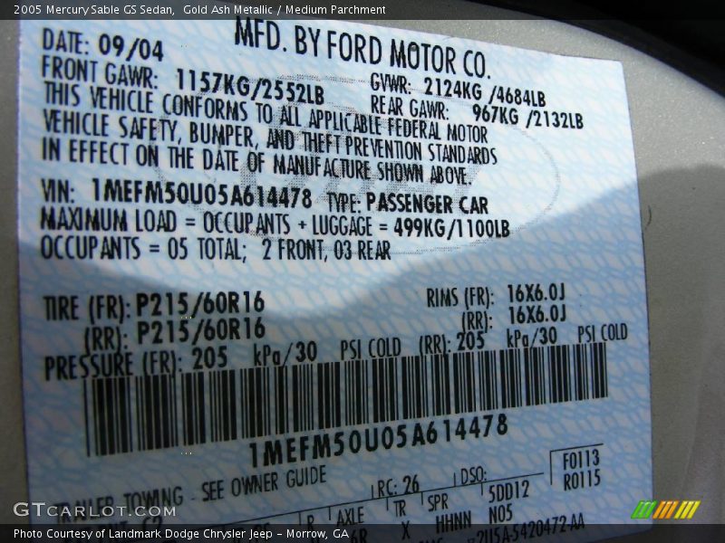 Gold Ash Metallic / Medium Parchment 2005 Mercury Sable GS Sedan