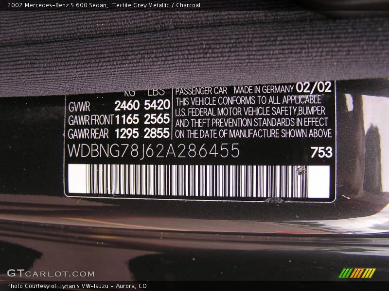 Tectite Grey Metallic / Charcoal 2002 Mercedes-Benz S 600 Sedan