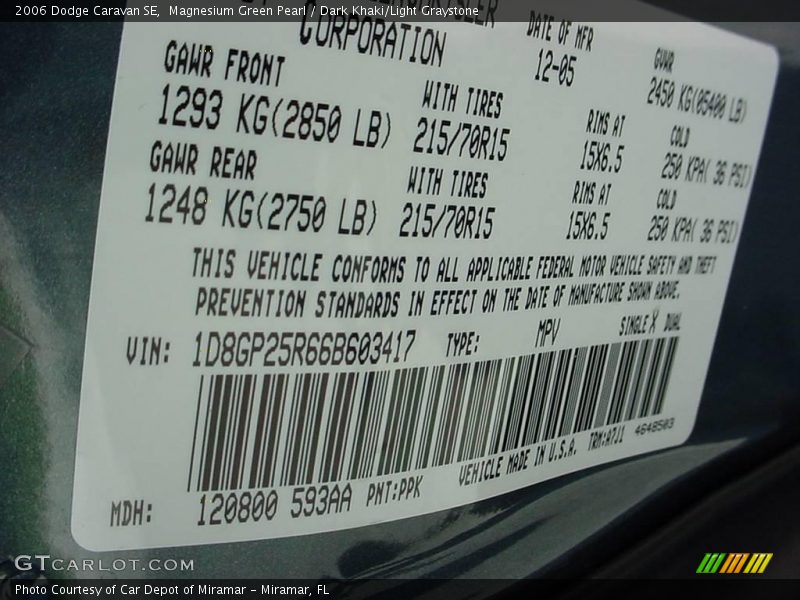 Magnesium Green Pearl / Dark Khaki/Light Graystone 2006 Dodge Caravan SE