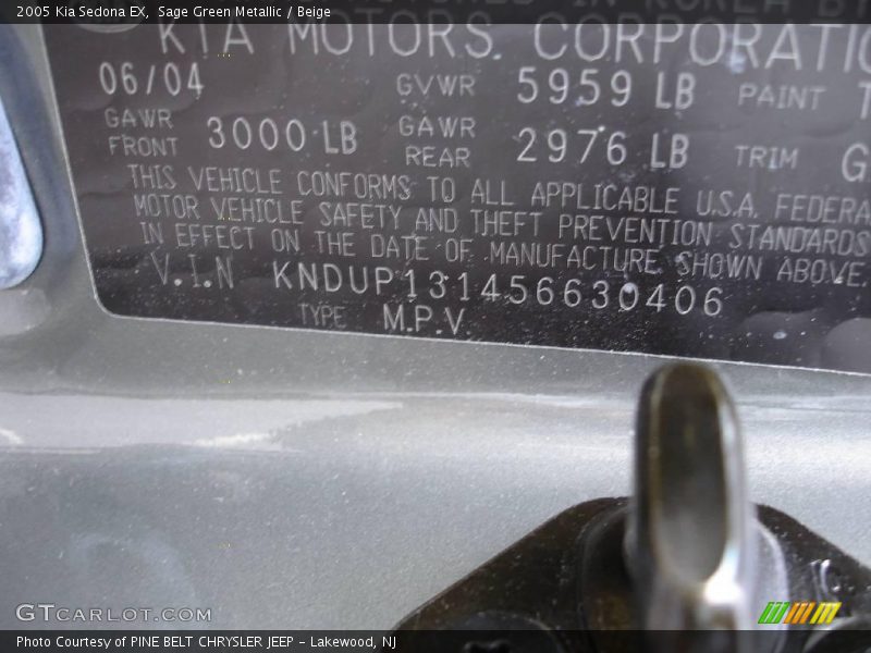 Sage Green Metallic / Beige 2005 Kia Sedona EX