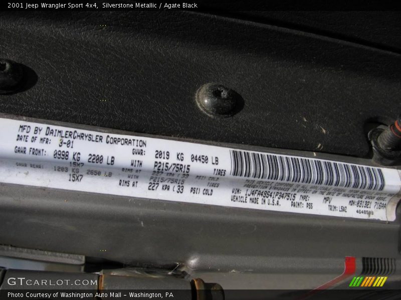 Silverstone Metallic / Agate Black 2001 Jeep Wrangler Sport 4x4