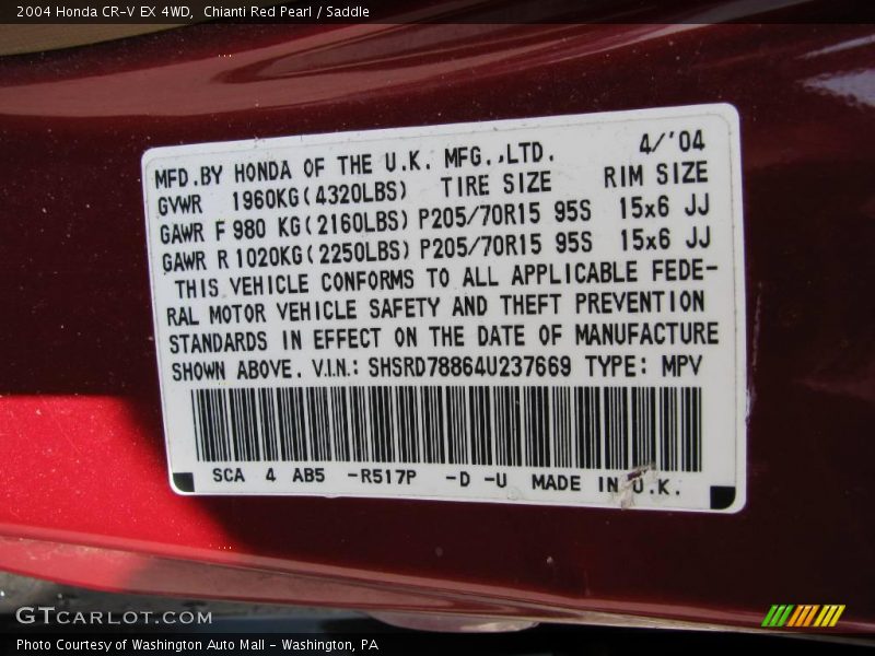 Chianti Red Pearl / Saddle 2004 Honda CR-V EX 4WD
