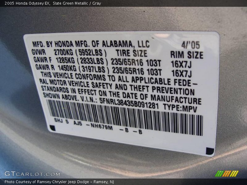 Slate Green Metallic / Gray 2005 Honda Odyssey EX