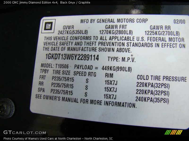 Black Onyx / Graphite 2000 GMC Jimmy Diamond Edition 4x4