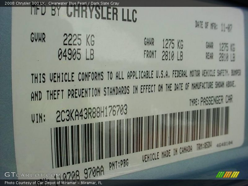 Clearwater Blue Pearl / Dark Slate Gray 2008 Chrysler 300 LX