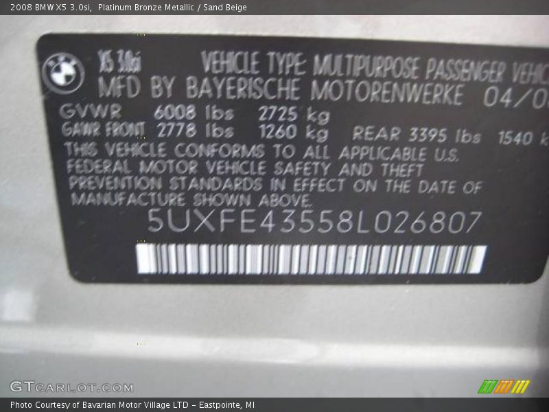 Platinum Bronze Metallic / Sand Beige 2008 BMW X5 3.0si