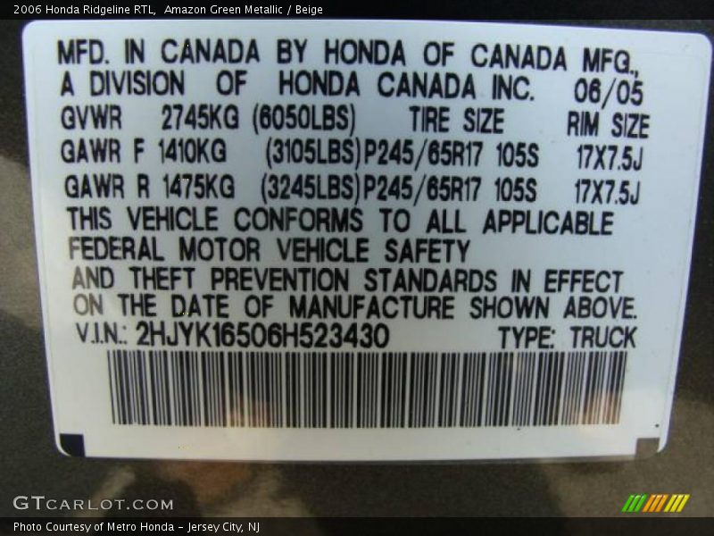 Amazon Green Metallic / Beige 2006 Honda Ridgeline RTL